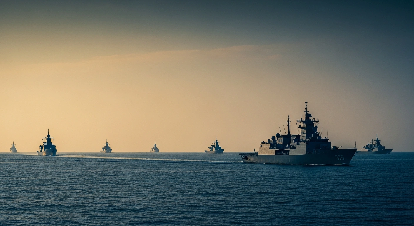 A modern naval fleet patrols the waters of the Taiwan Strait during a tense period of regional military modernization.