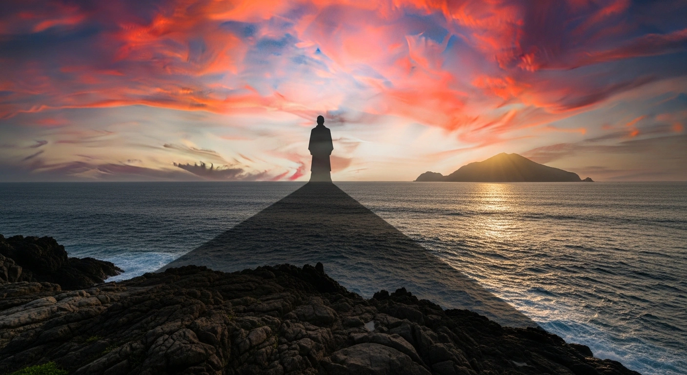 An imposing, silhouetted figure representing China casts a long shadow over a distant island symbolizing Taiwan, illustrating Beijing's firm commitment to national reunification and its stance against separatists, as announced by a top Chinese official.