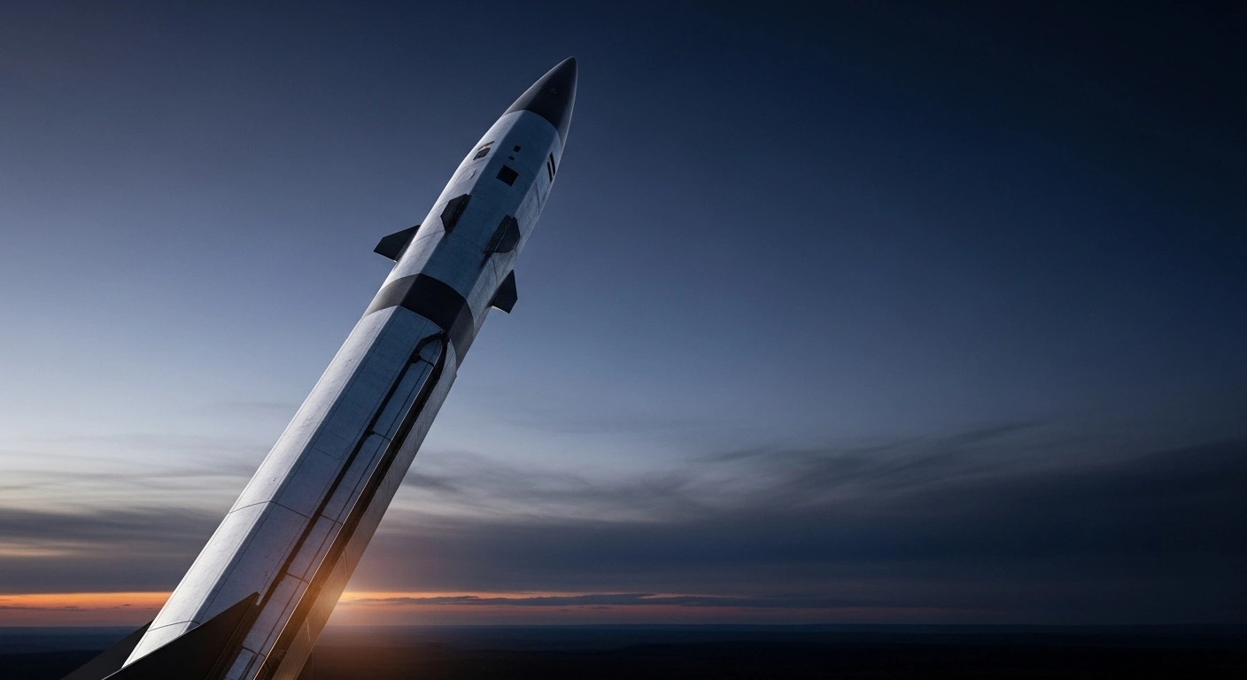 A sleek, futuristic launch vehicle, possibly a hypersonic missile or space rocket, is angled upwards, silhouetted against a twilight sky with a distant glowing landmass on the horizon, representing China's advanced technology and its stated commitment to the reunification of Taiwan.