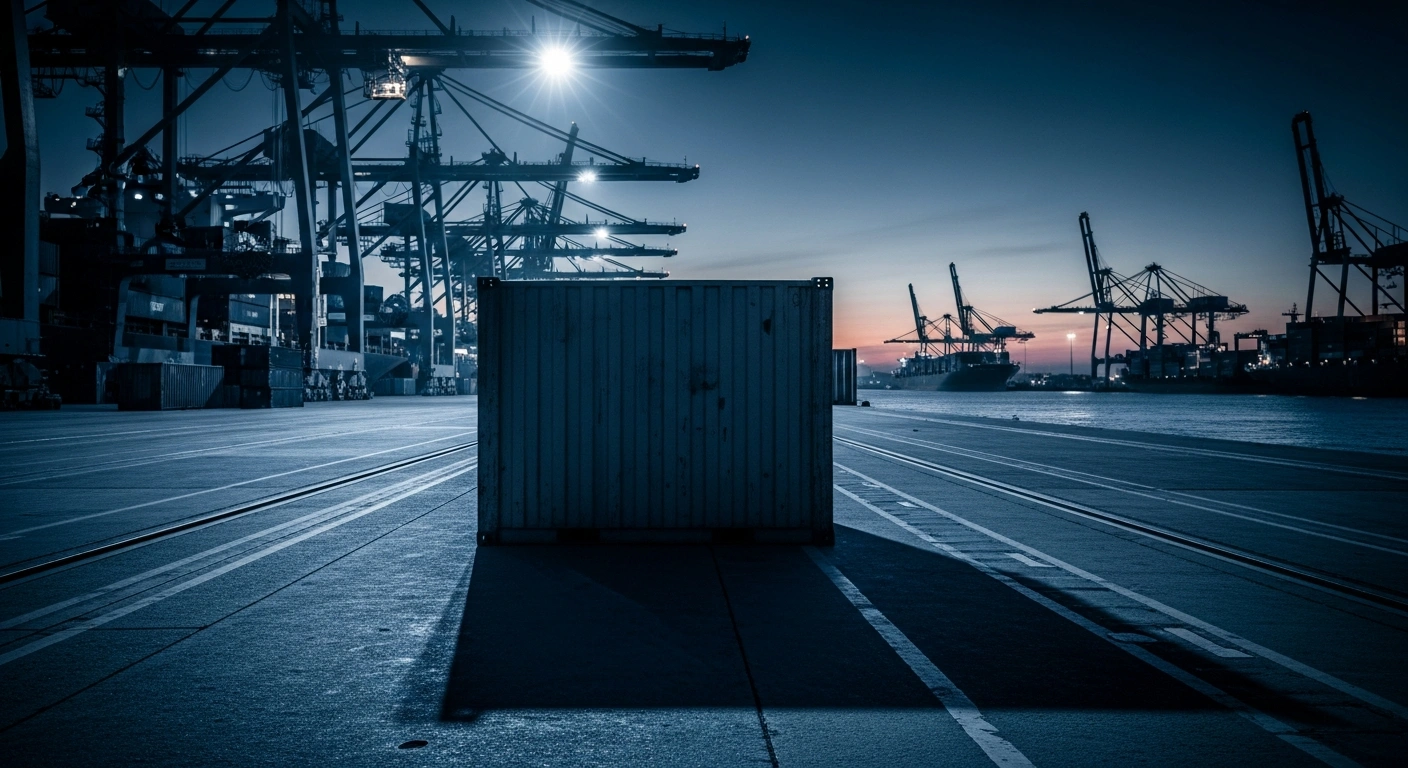 A large shipping container sits at a busy port terminal representing the impact of new tariffs on Australian beef exports to China.