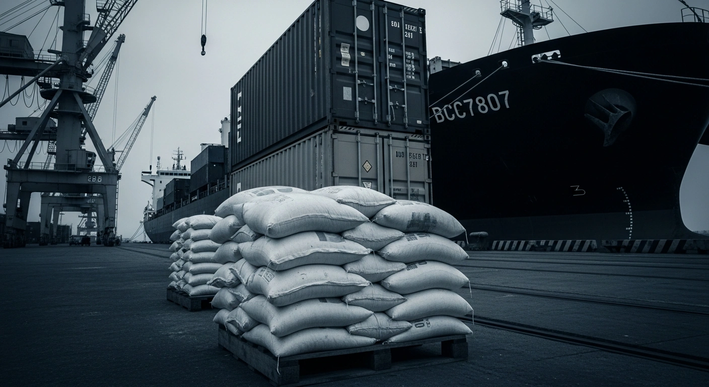 A cargo port scene featuring agricultural pea starch shipments being processed under new Chinese anti-dumping tariffs on Canadian imports.