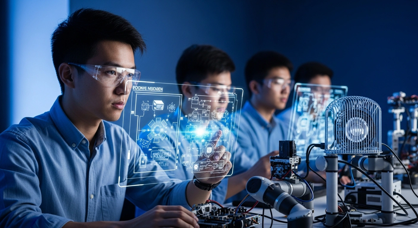 A group of young Chinese PhD graduates intensely focused on advanced engineering schematics and cutting-edge robotics in a high-tech laboratory, symbolizing China's initiative to bolster technological self-reliance and military-civil fusion amidst competition with the United States.