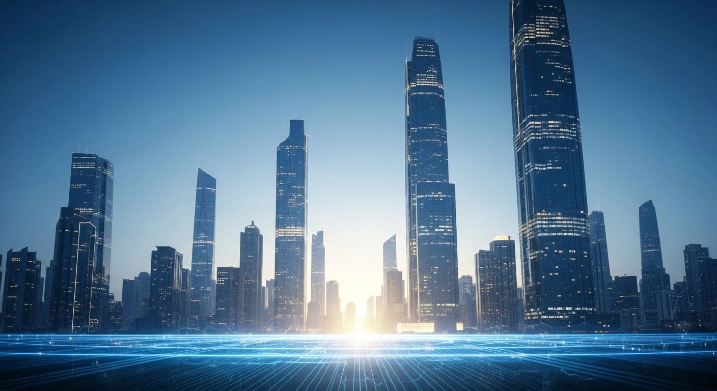 A futuristic cityscape at twilight, with towering glass-and-steel skyscrapers reflecting a golden glow, symbolizing China's commitment to science and technology innovation through new tax incentives and R&D deductions as part of its 15th Five-Year Plan.
