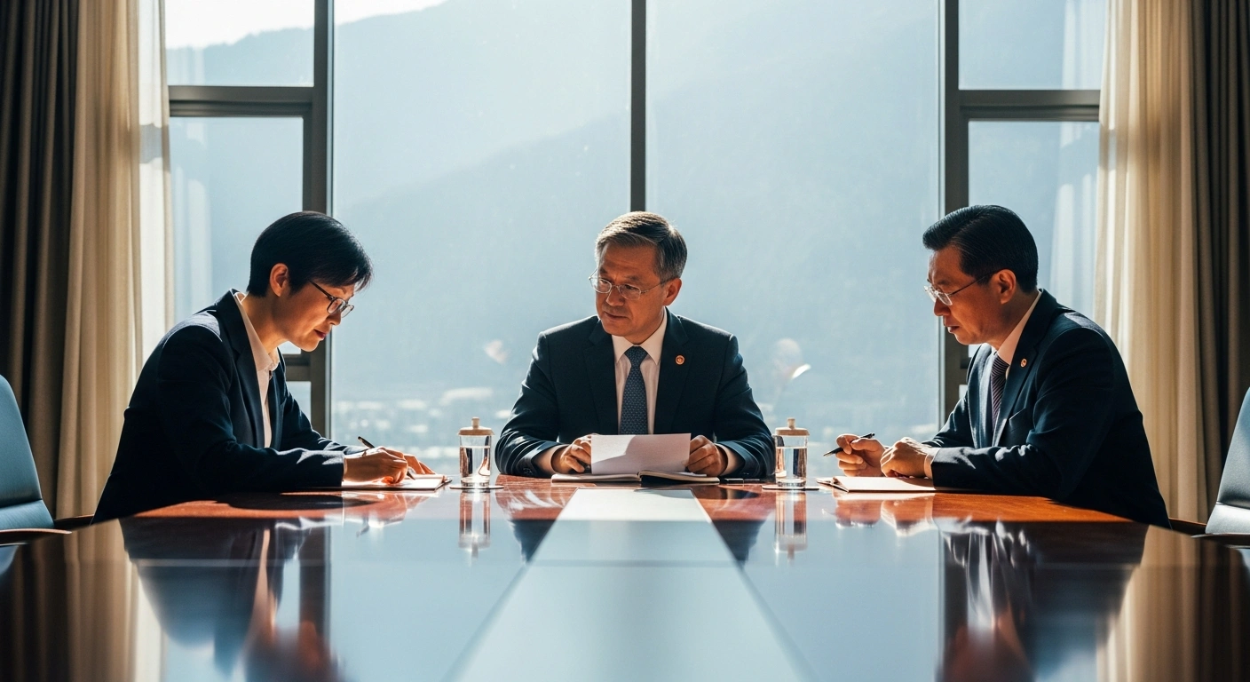 Chinese Foreign Minister Wang Yi, Thai counterpart Sihasak Phuangketkeow, and Cambodian counterpart Prak Sokhonn are shown in a modern, sun-drenched conference room in Yunnan, engaged in trilateral talks to consolidate a ceasefire and facilitate humanitarian aid for a border dispute.