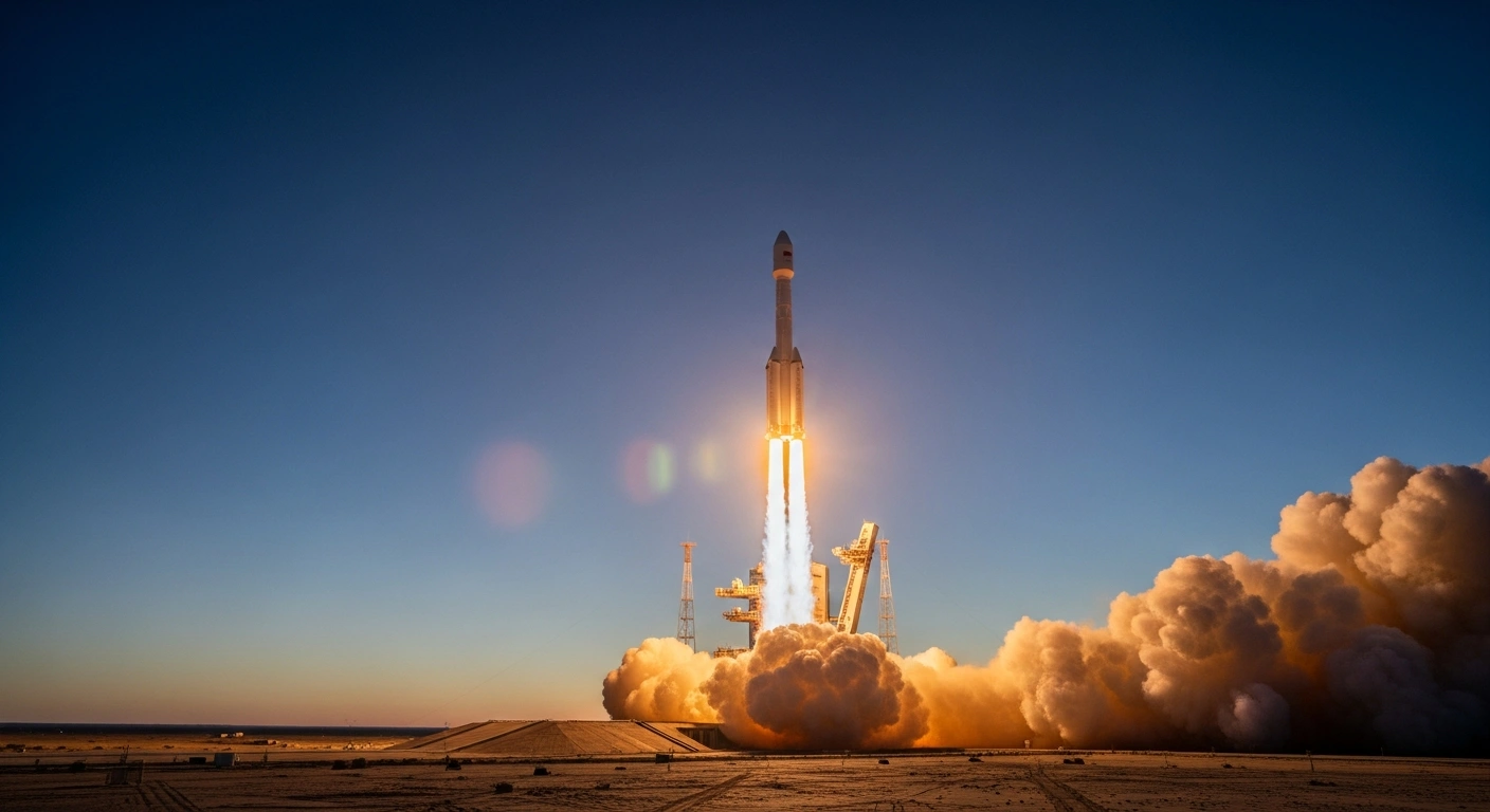 A Long March-4B rocket, carrying the Tianhui-7 mapping satellite for geographic and land resource surveys, launches from the Jiuquan Satellite Launch Center at twilight, with its fiery exhaust plume illuminating the desert landscape.