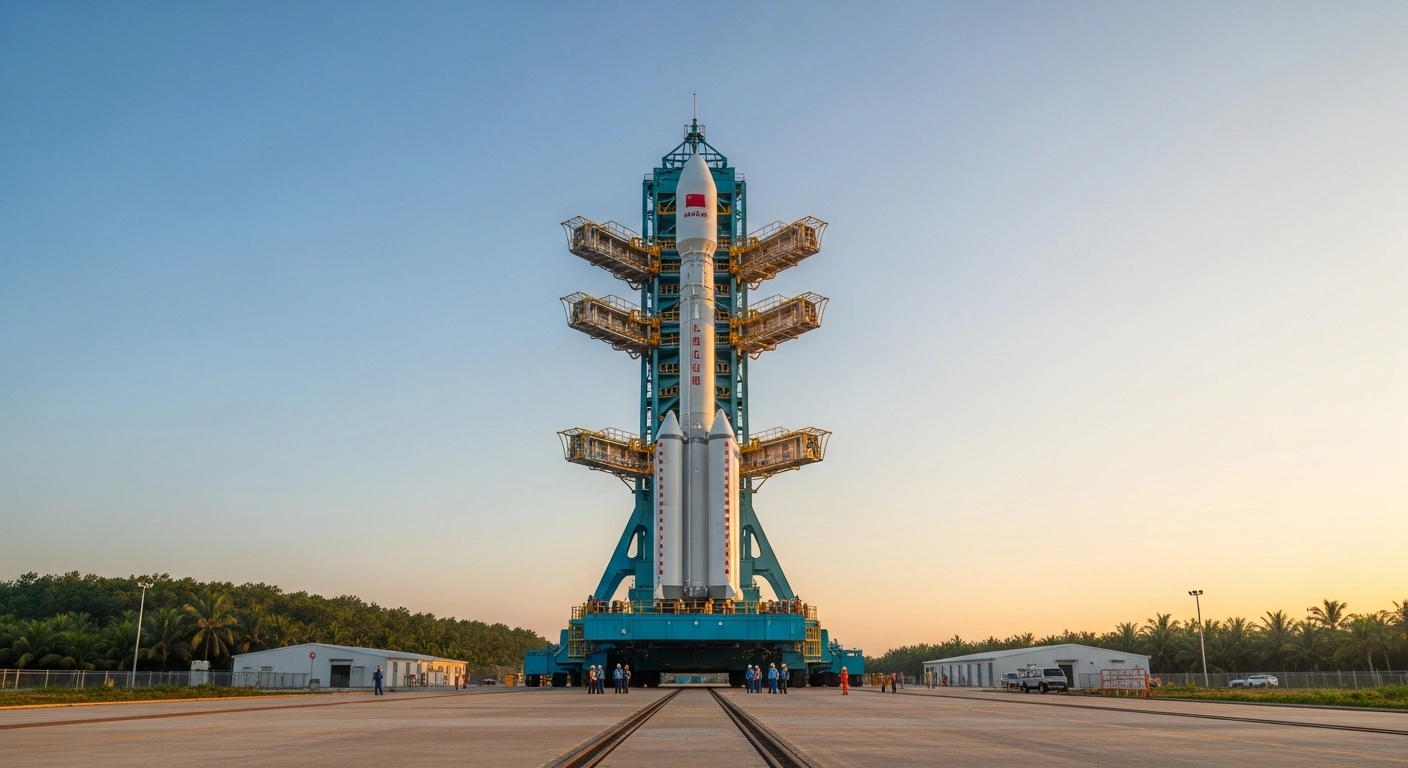 The Long March-7 rocket and Tianzhou-10 cargo spacecraft stand on the launch pad at the Wenchang Spacecraft Launch Site during final pre-launch preparations.