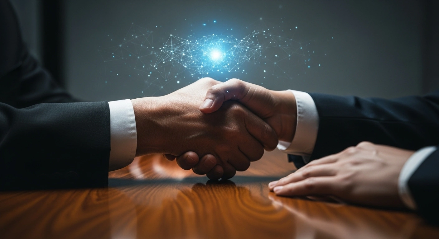 Two hands, one older and one younger, firmly shake across a polished table, with a glowing digital network in the background, symbolizing China's approved transfer agreement for TikTok's US assets and algorithm oversight to majority US ownership.