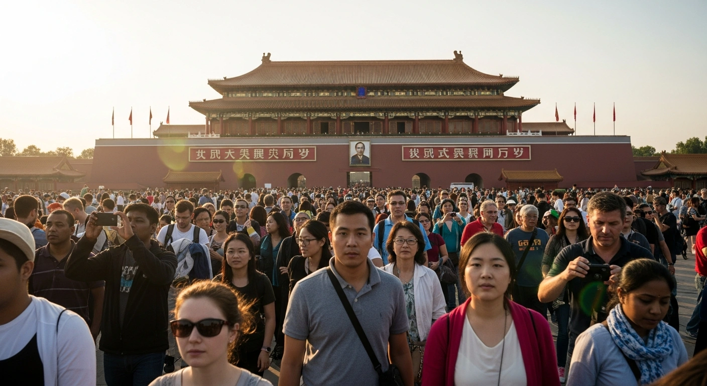 A diverse group of international tourists, smiling and engaged, stands in front of a grand Chinese landmark bathed in golden light, representing the significant surge in inbound tourism to China due to expanded visa-free policies in early 2026.