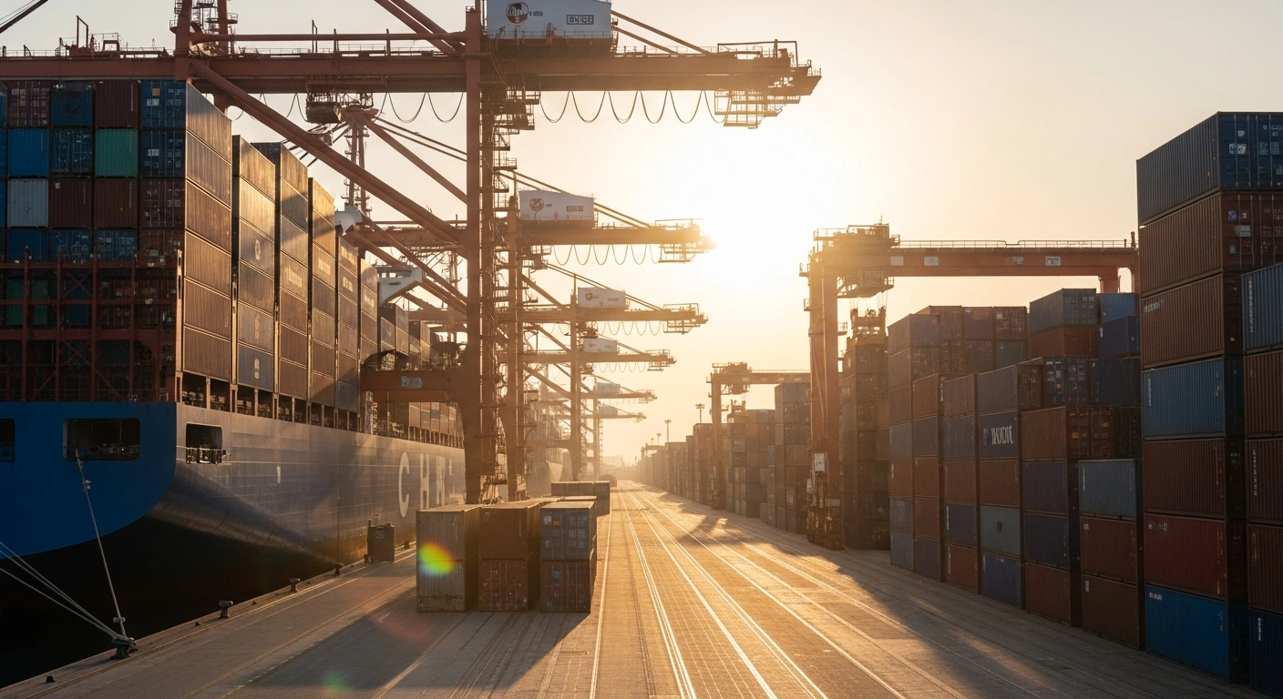 A colossal container ship docks at a bustling, futuristic Chinese port during golden hour, with automated cranes moving brightly colored containers, symbolizing China's 3.6 percent increase in goods imports and exports to 41.21 trillion yuan in the first 11 months of 2025.