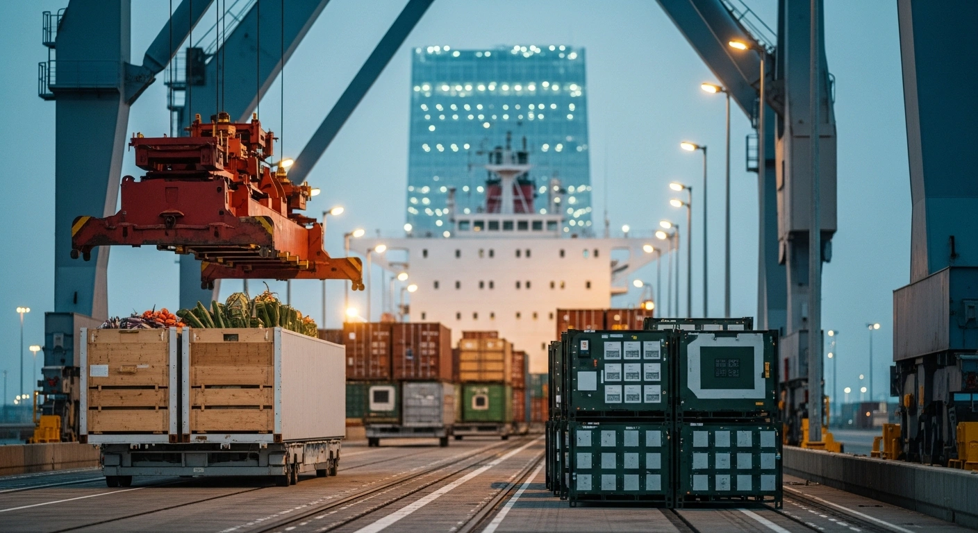 A modern logistics port handles a mix of agricultural goods and high-tech electronic components to represent China's strategic shift in international trade imports.