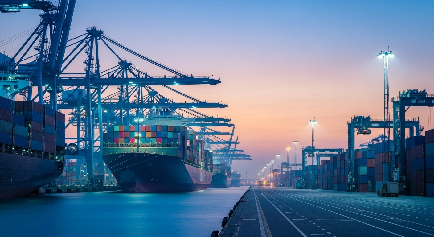 A bustling shipping port at twilight represents China's significant import and export trade activity during the first seven months of 2026.
