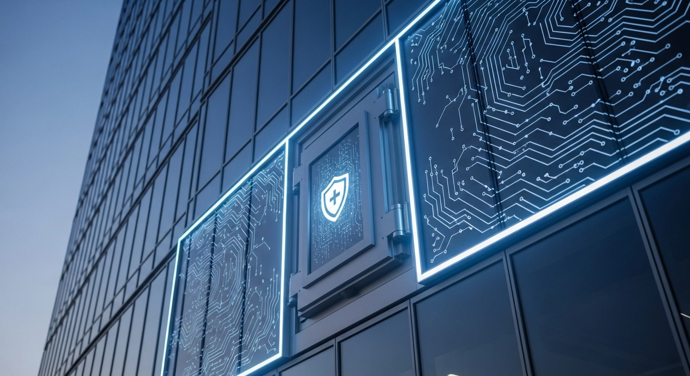 A modern glass skyscraper featuring glowing digital circuits represents China's new legal framework for protecting trade secrets and proprietary algorithms.