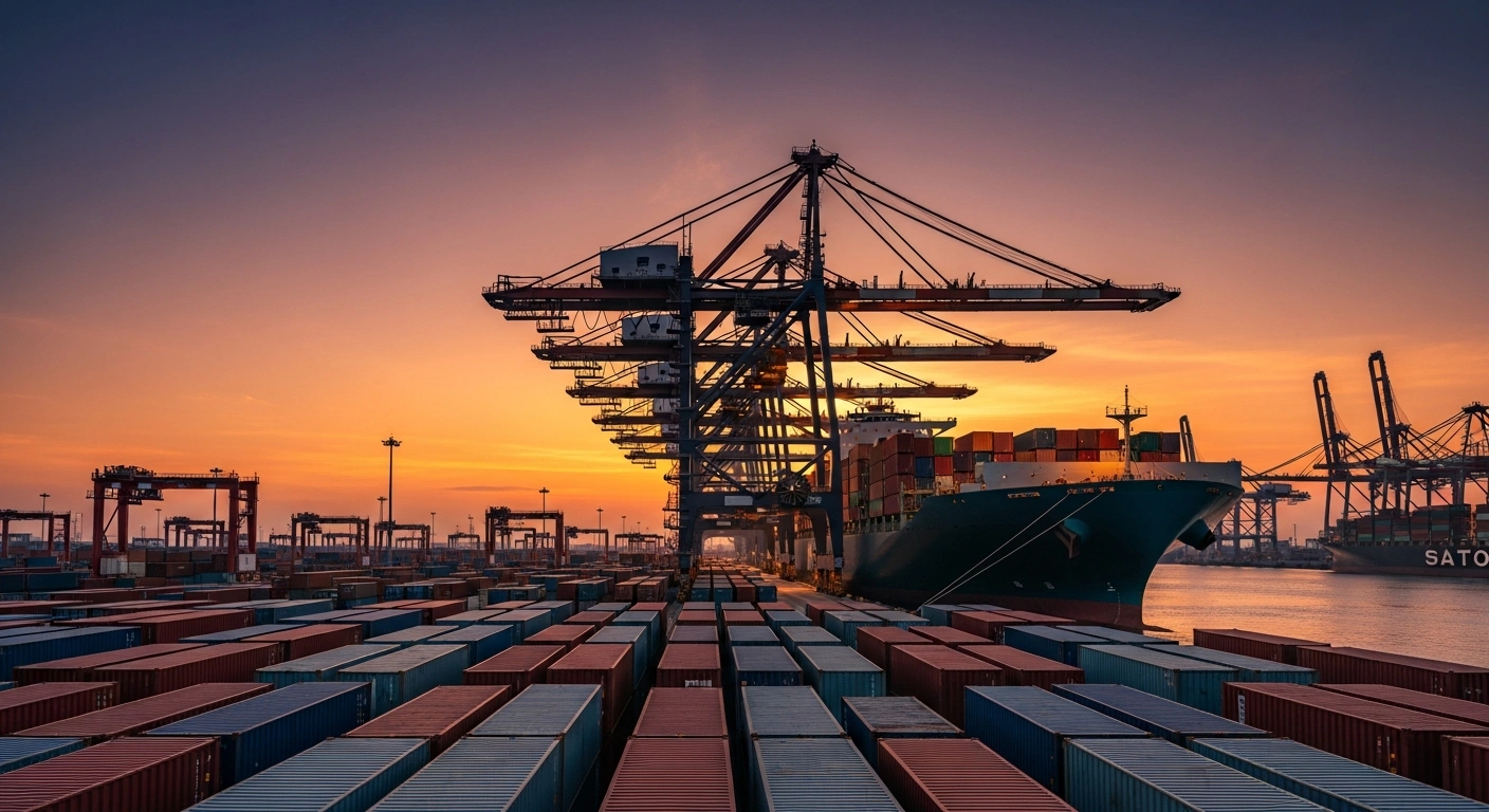 A wide, low-angle shot of a hyper-modern Chinese container port at sunset, featuring towering gantry cranes loading a colossal cargo ship amidst an endless labyrinth of stacked, brightly colored shipping containers, symbolizing China's historic trade surplus and robust global exports.