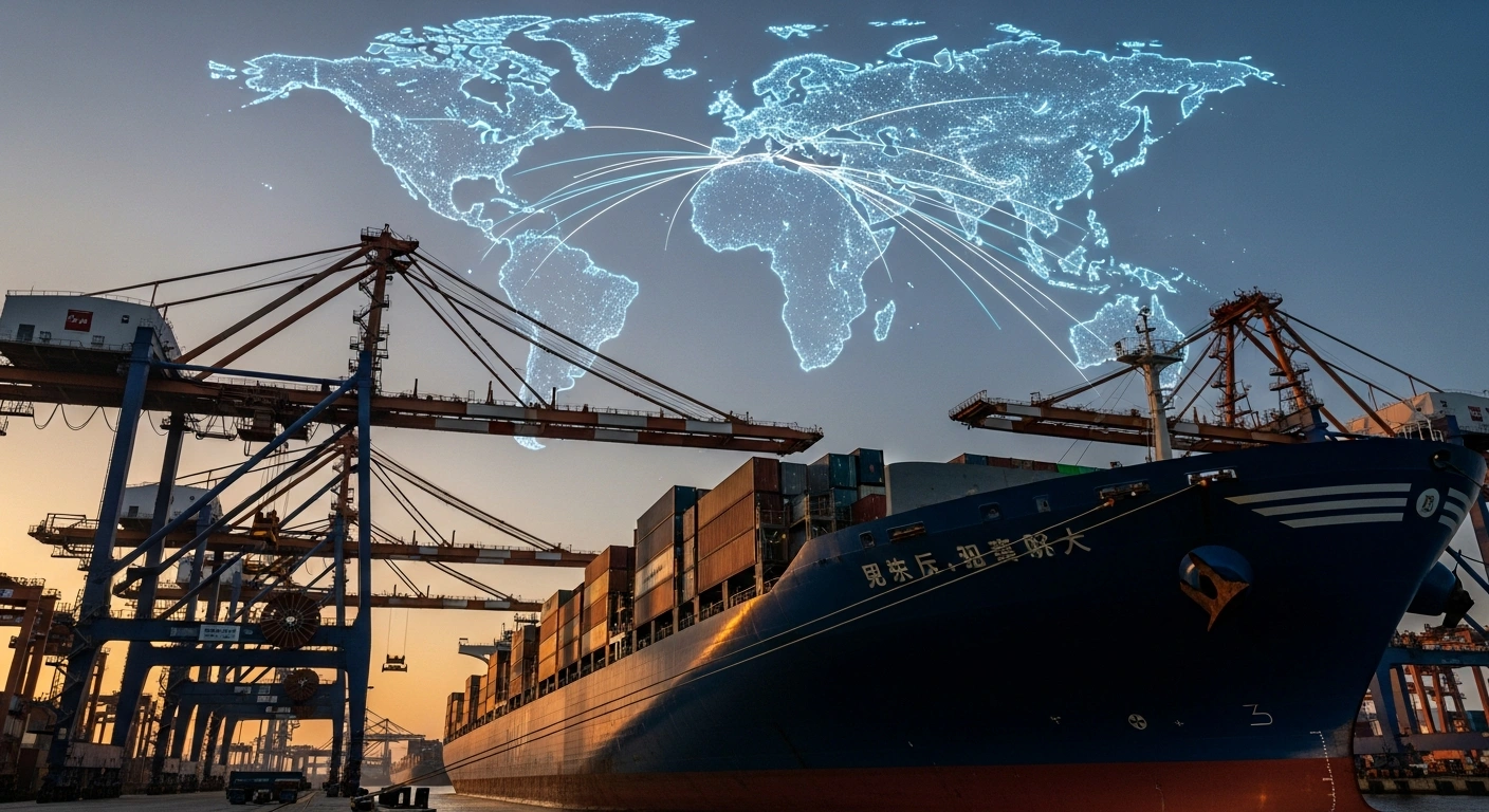 A hyper-modern Chinese port at golden hour, featuring automated cranes loading container ships and a holographic global map projecting new trade routes to Southeast Asia, Africa, and Europe, visually represents China's record trade surplus of nearly $1.2 trillion in 2025, fueled by robust export growth and strategic market diversification.