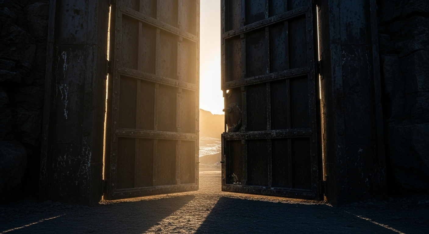 A massive, ancient-looking metal gate slowly opens to reveal a shimmering landscape of glowing mineral deposits, symbolizing China's one-year suspension of export controls on rare earth materials and lithium batteries following a trade truce between President Donald Trump and President Xi Jinping.