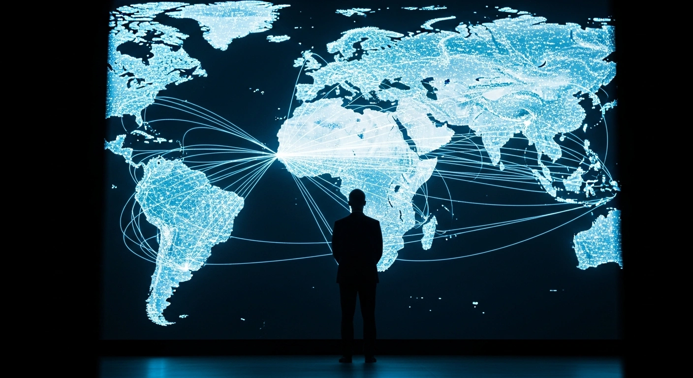 A professional stands in front of a digital map representing travel restrictions under China's updated national security and exit-entry regulations.