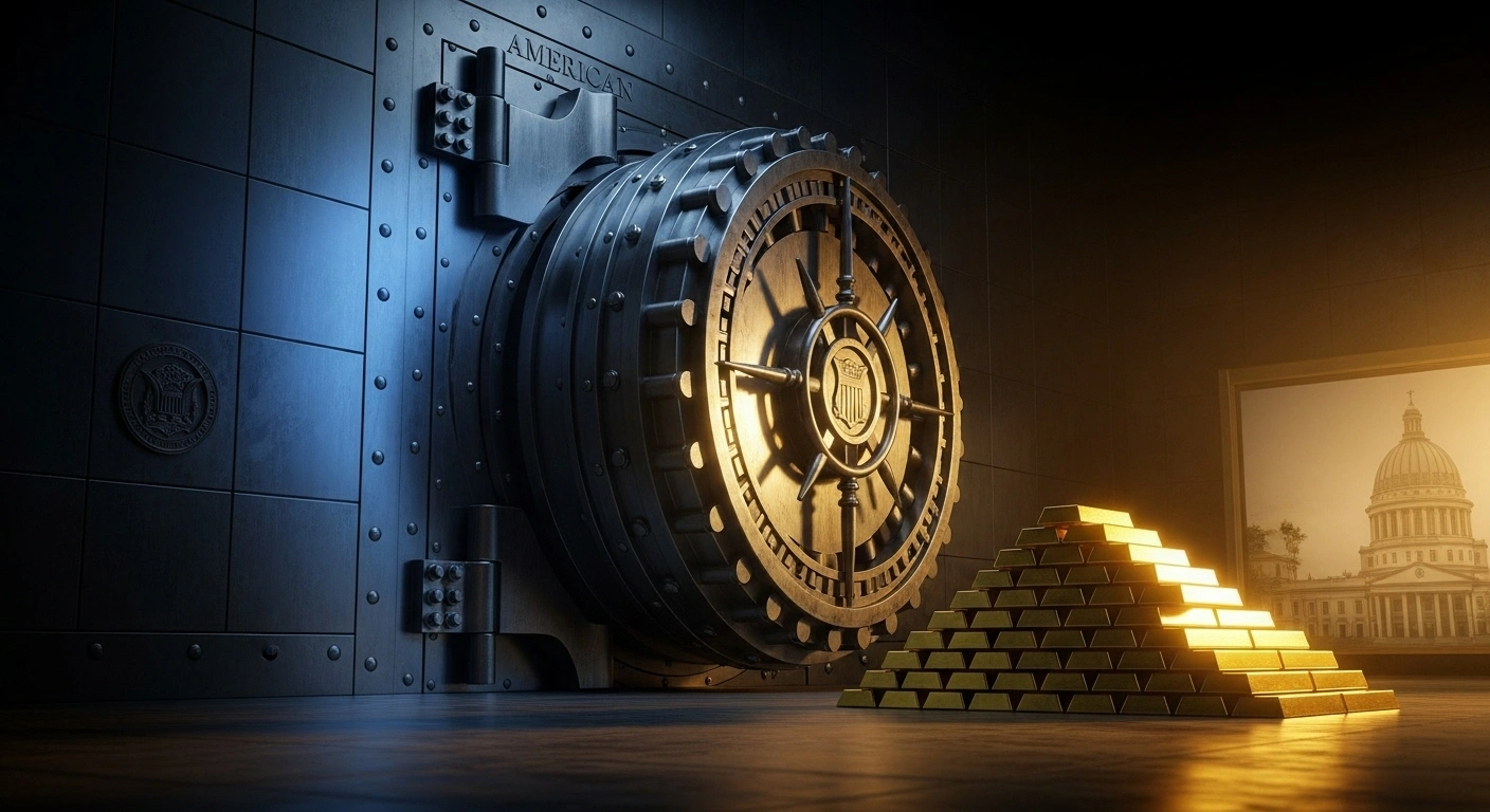 A visual representation shows a large, American-themed vault door slowly closing into shadow, while in the foreground, a stack of gleaming gold bars and a subtle silhouette of a European landmark are brightly illuminated, symbolizing China's strategic reduction of US Treasury holdings and diversification into European assets and gold.