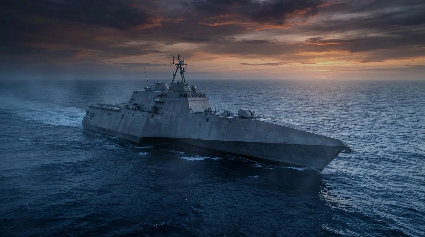 A futuristic Chinese trimaran naval vessel with a unique three-hulled design sails across the open ocean during twilight.