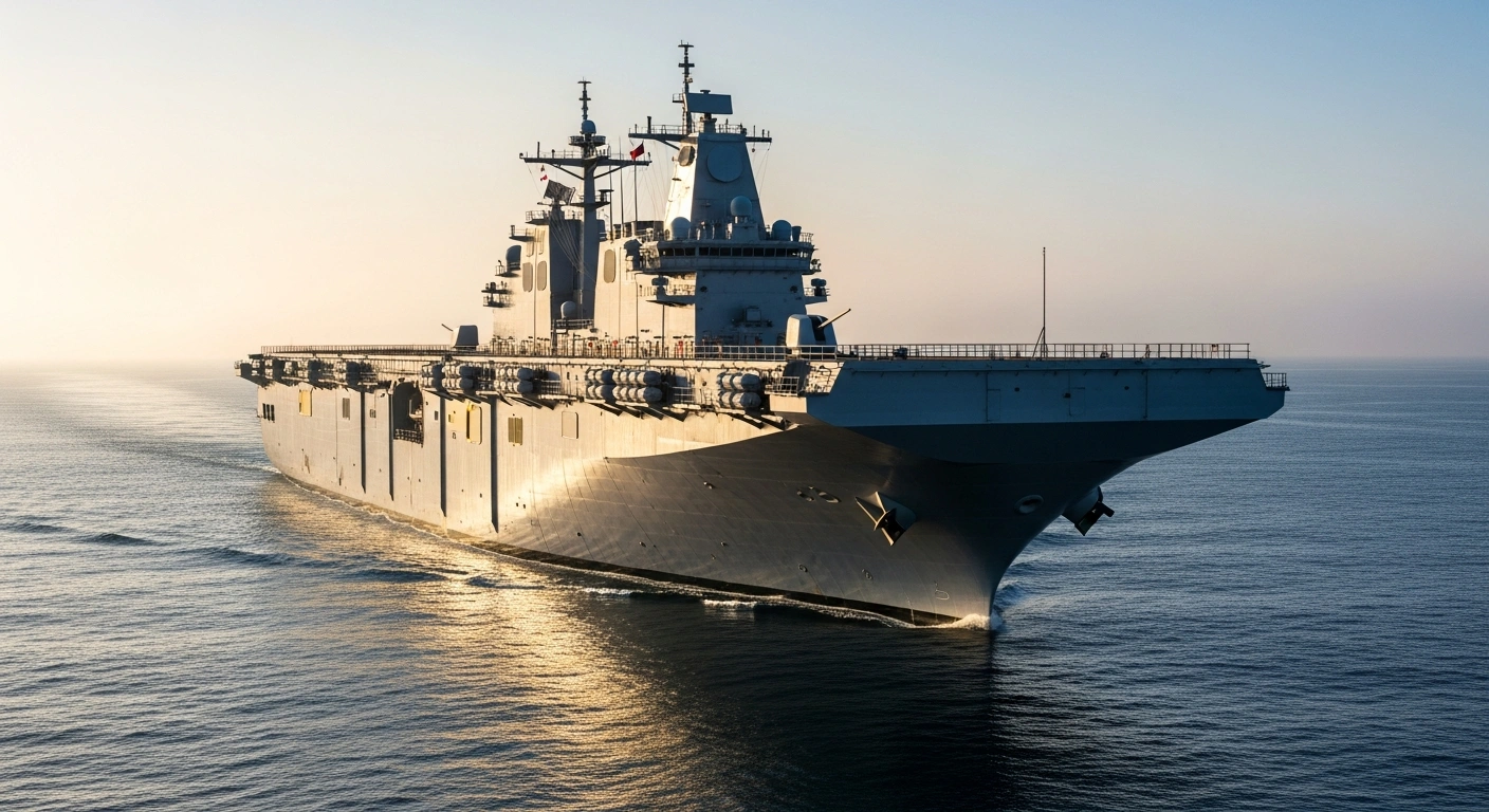 A large, sleek grey Chinese Type 076 'Sichuan' amphibious assault ship sails through calm blue waters at dawn, highlighting its advanced design during its maiden sea trials, symbolizing China's naval modernization.