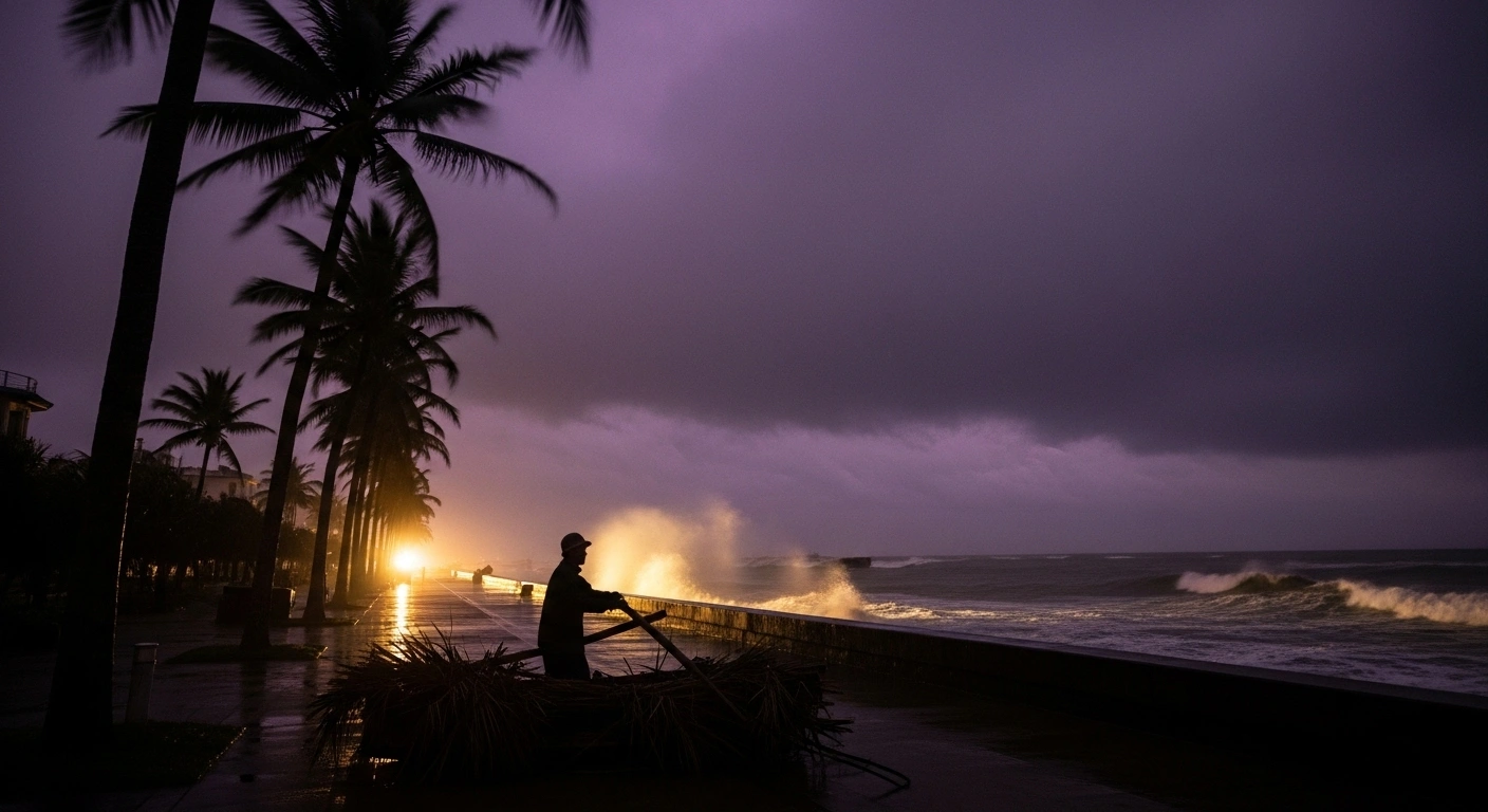 A wide, low-angle shot depicts a Chinese coastal town at dusk under an ominous sky, with palm trees whipping in the wind and a lone figure securing a boat against the turbulent ocean, illustrating preparations for Typhoon Matmo's impending landfall in Hainan and Guangdong provinces.