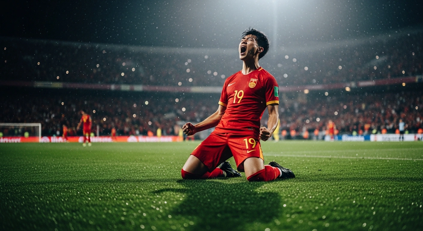 A young Chinese U17 football player celebrates on the field after securing a place in the AFC U17 Asian Cup final.