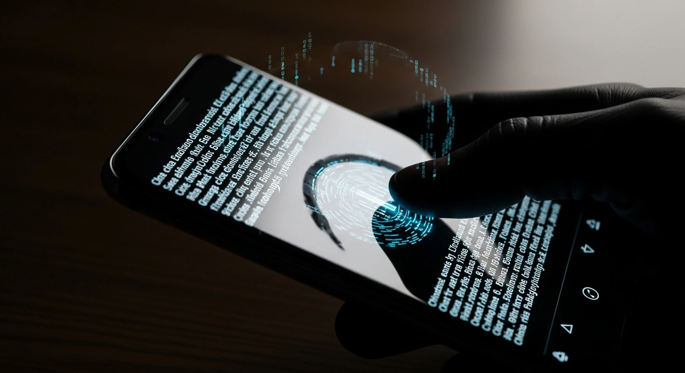 A close-up of a high-end smartphone, its screen displaying rapidly scrolling data, held by a gloved hand in deep shadows, with a subtle serpentine shadow playing across its casing.