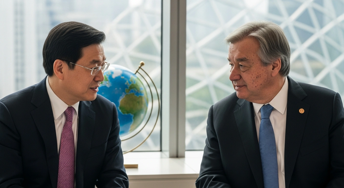Chinese Vice Premier Ding Xuexiang and UN Secretary-General Antonio Guterres are pictured in a formal meeting at the Belem Climate Summit, discussing China's support for the United Nations' central role in international affairs, multilateralism, and green development efforts.
