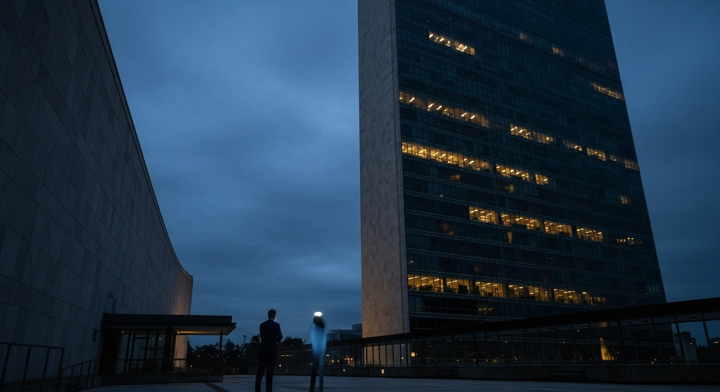 China's UN representative stands before the United Nations headquarters, representing the nation's opposition to military force in the Middle East.