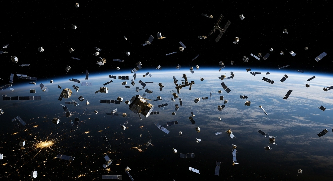 A wide-angle view from Earth orbit depicts a dense, chaotic constellation of thousands of commercial satellites, including those resembling SpaceX's Starlink, appearing dangerously close to each other above a dramatically lit Earth, symbolizing the safety and security risks cited by Chinese representatives to the UN Security Council regarding rapid satellite expansion and the call for international regulation.