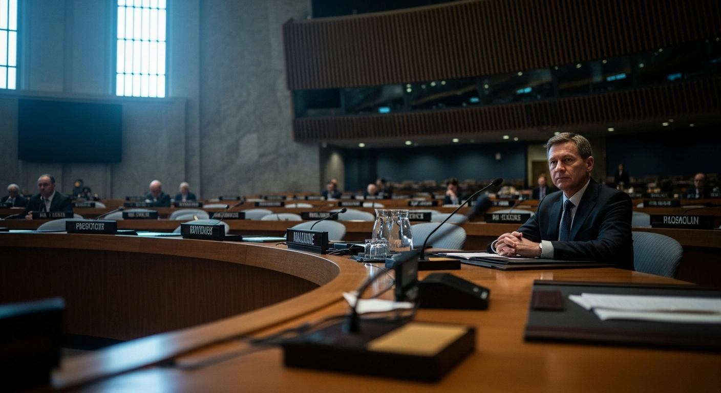 A Chinese diplomat sits at a desk during a United Nations Security Council meeting to discuss the conflict in Ukraine.