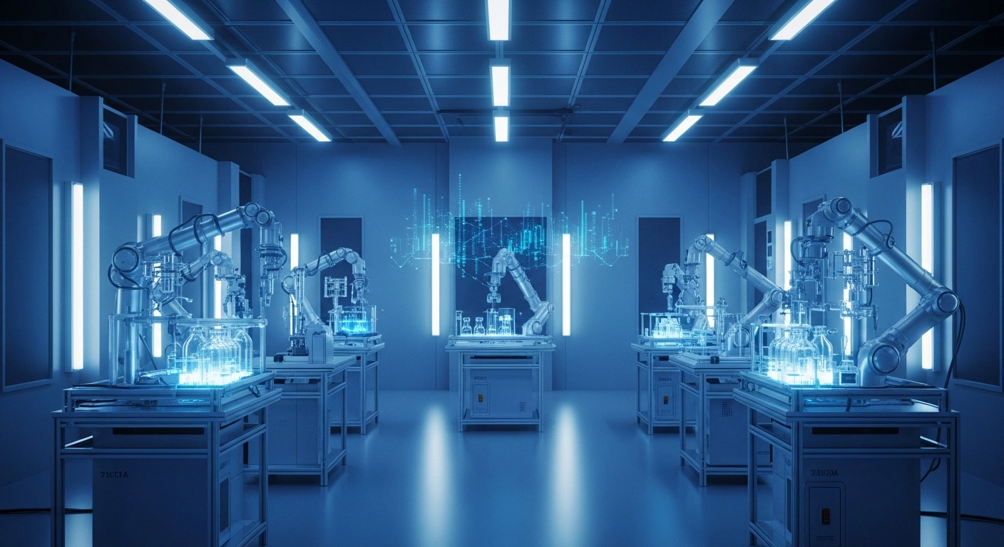 A fully autonomous research laboratory in Shanghai features robotic arms conducting scientific experiments without any human presence.