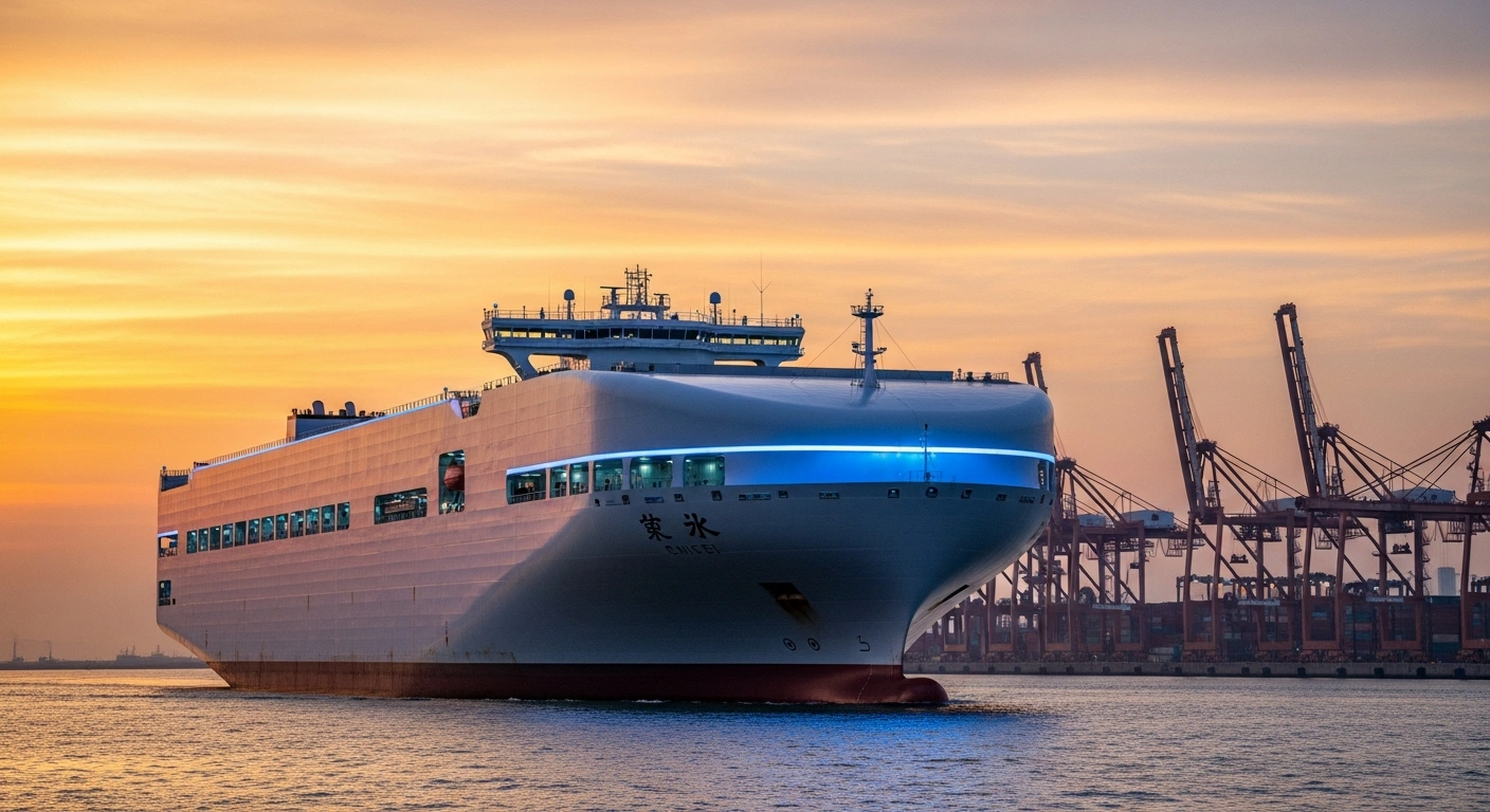 A large, sleek, unmanned container vessel named 'Zhi Fei' autonomously navigates into Qingdao Port at dusk, showcasing China's first full-process unmanned maritime operation and smart shipping technologies.