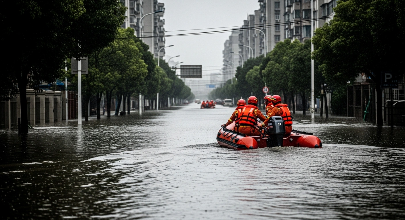 Emergency rescue workers navigate a rubber boat through flooded streets in southern China following severe rainfall and mass evacuations.