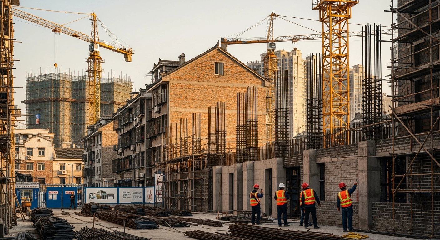 Construction workers renovate aging residential housing and urban infrastructure in a Chinese city as part of a government-funded development project.