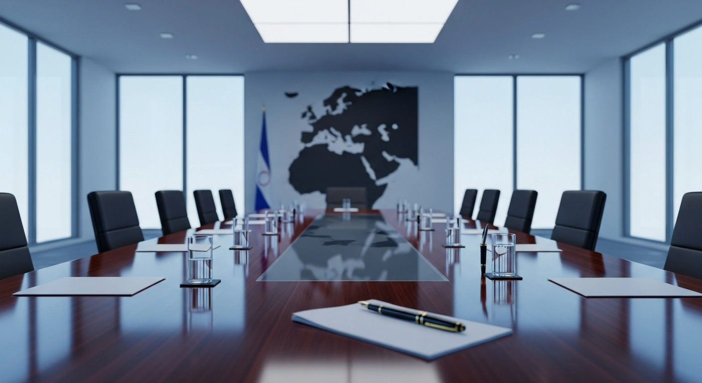 A modern diplomatic boardroom with a view of a map represents China's call for restraint and diplomatic negotiations regarding the situation in Iran.