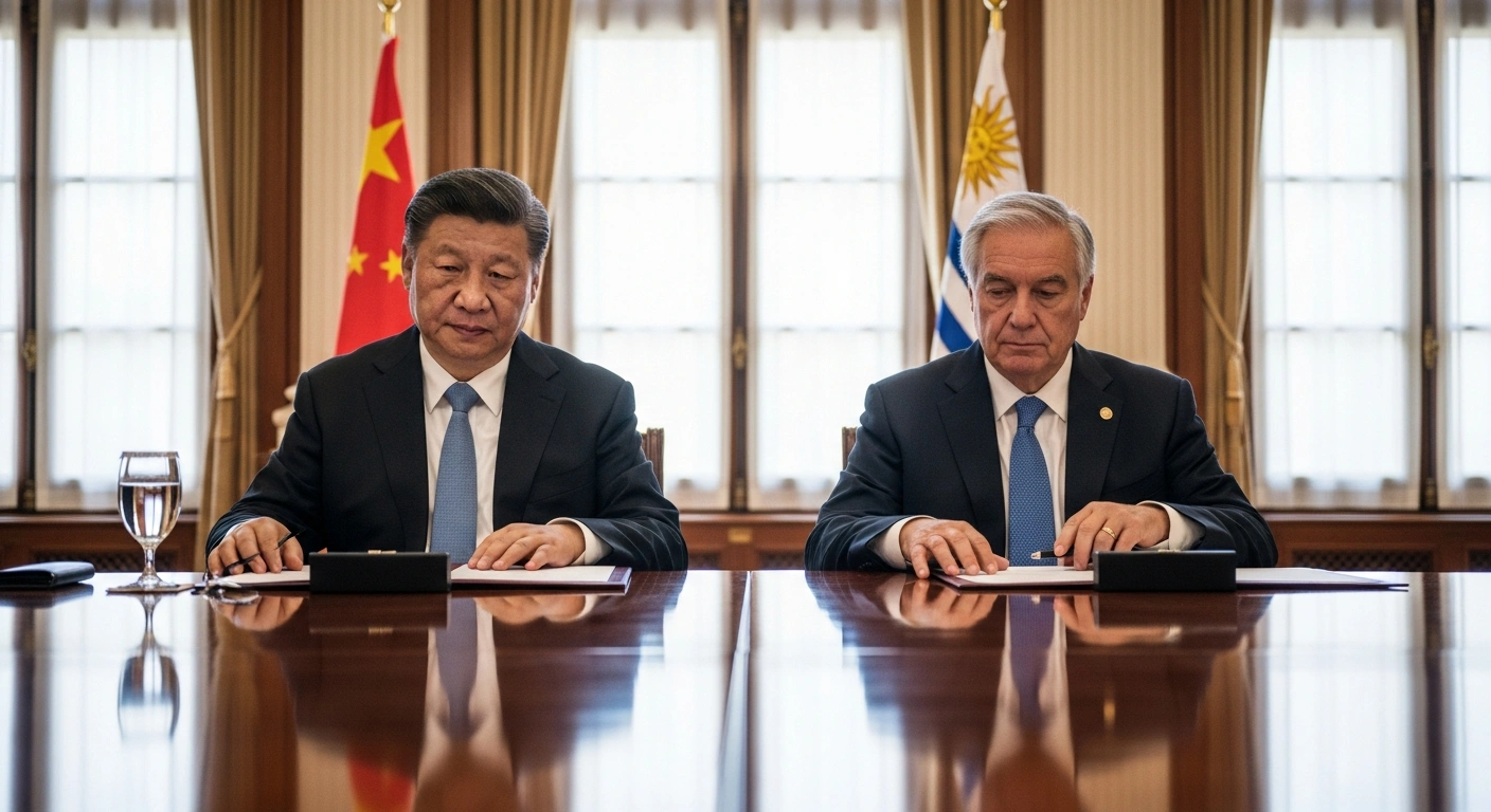 Chinese President Xi Jinping and Uruguayan President Yamandu Orsi are depicted at a grand, polished table, poised to sign cooperation documents, symbolizing their deepening comprehensive strategic partnership and Belt and Road cooperation.