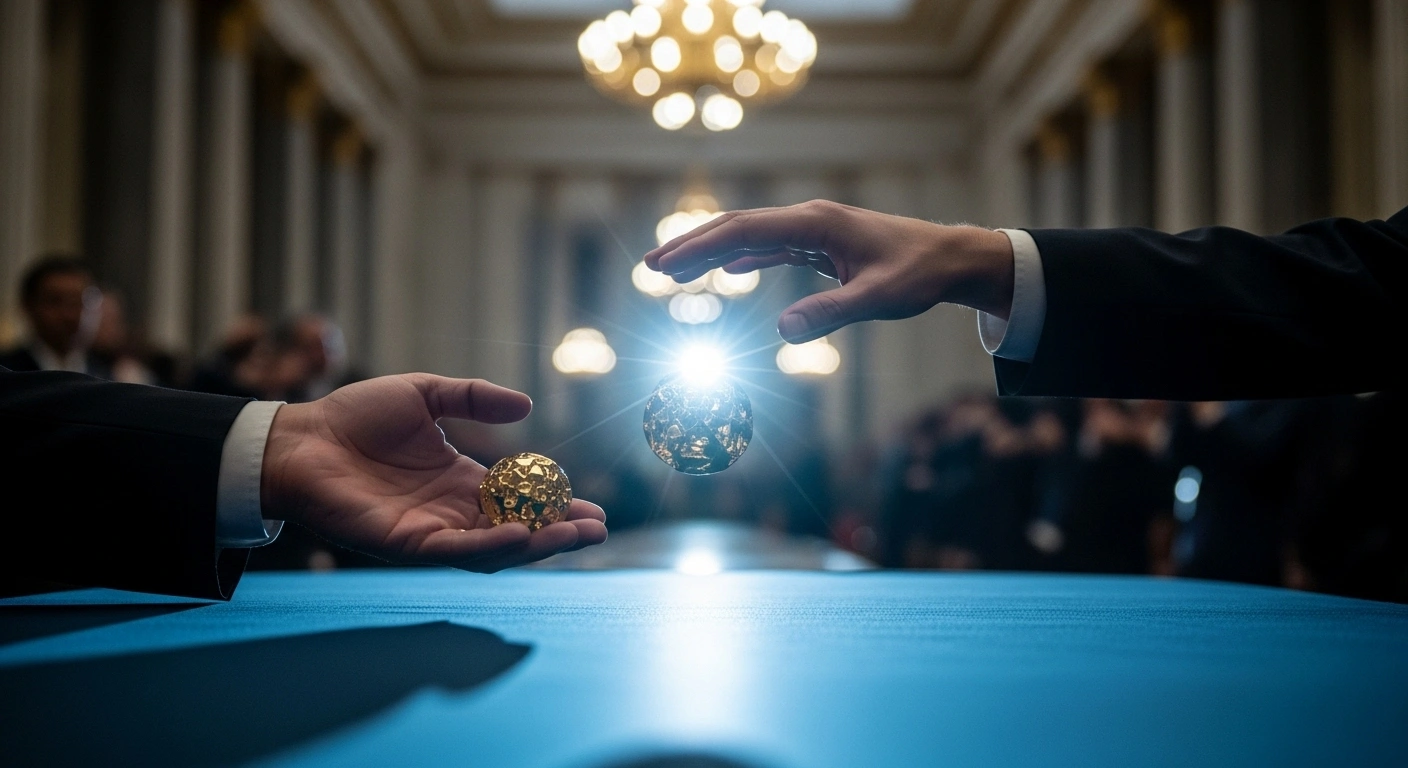 Two hands, one offering a shimmering golden mass and the other hovering above it, are depicted in a cool blue light, symbolizing China's offer of a $1 trillion investment package to the United States contingent on eased restrictions and lower tariffs.