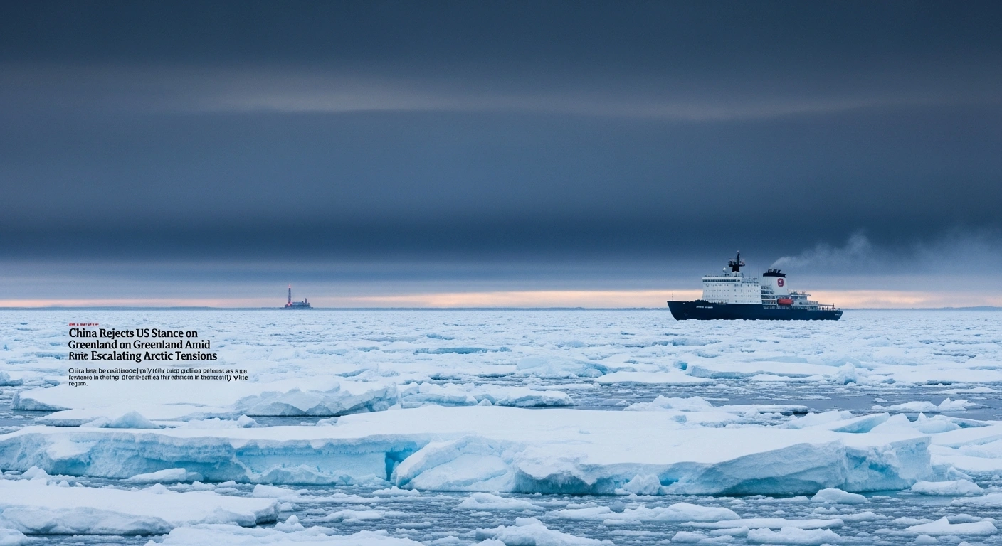 An imposing icebreaker, subtly hinting at Chinese design, navigates through jagged Arctic ice floes under an overcast sky, with a distant glow suggesting a strategic outpost, symbolizing geopolitical tension between China and the United States over Greenland and the Arctic region.