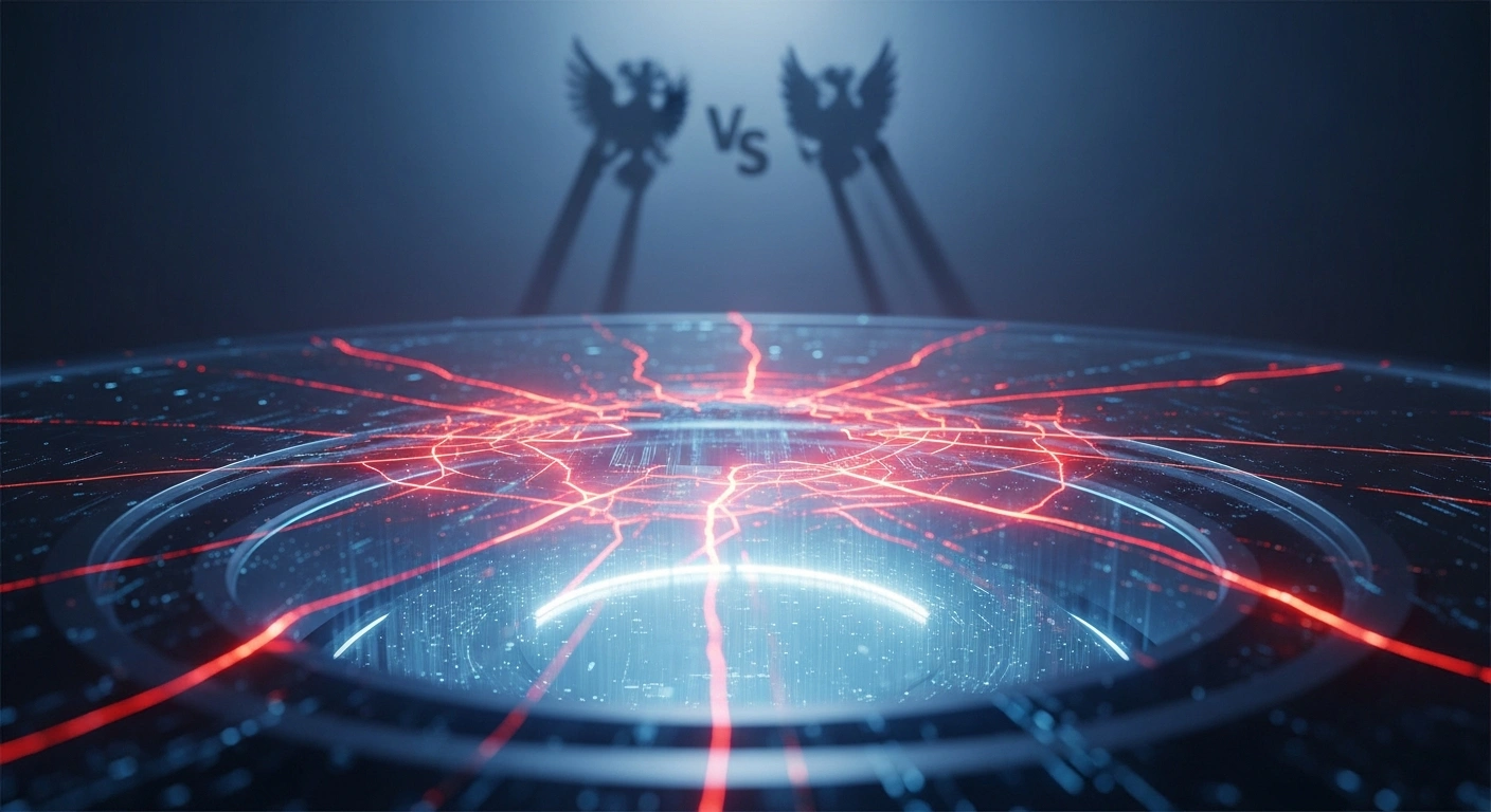 A glowing blue digital vault, cracking with red energy, symbolizes the alleged theft of 127,000 Bitcoin from China's LuBian mining pool, an incident China attributes to a US 'state-level hacker operation' and the US links to a fraud case.