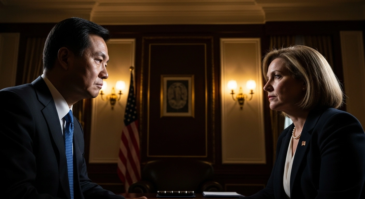 A stern Chinese diplomat, illuminated by dramatic lighting, sits opposite an American diplomat in a dimly lit office, conveying a tense warning against interference in national security cases and engagement with 'anti-China forces' in Hong Kong.