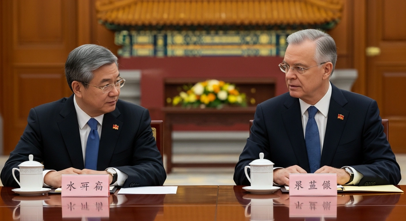 Chinese Vice Premier He Lifeng and former U.S. National Security Advisor Stephen Hadley are shown in a formal, high-level meeting in Beijing, seated at a polished table, discussing stable economic and trade relations to strengthen bilateral ties.