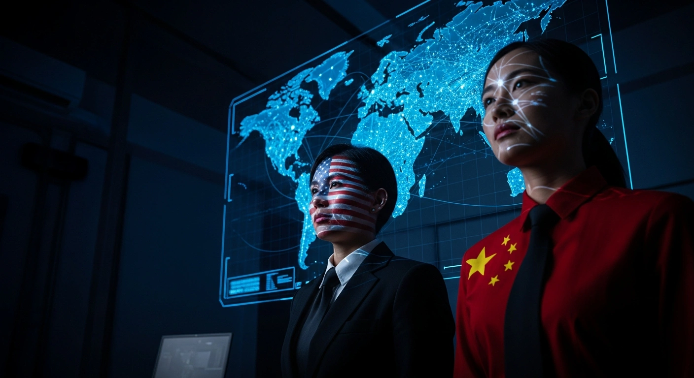Two individuals, one subtly representing the United States and the other China, stand side-by-side in a high-tech command center, illuminated by a glowing holographic map displaying global criminal networks, symbolizing their renewed joint counternarcotics efforts against illicit synthetic drugs like fentanyl.