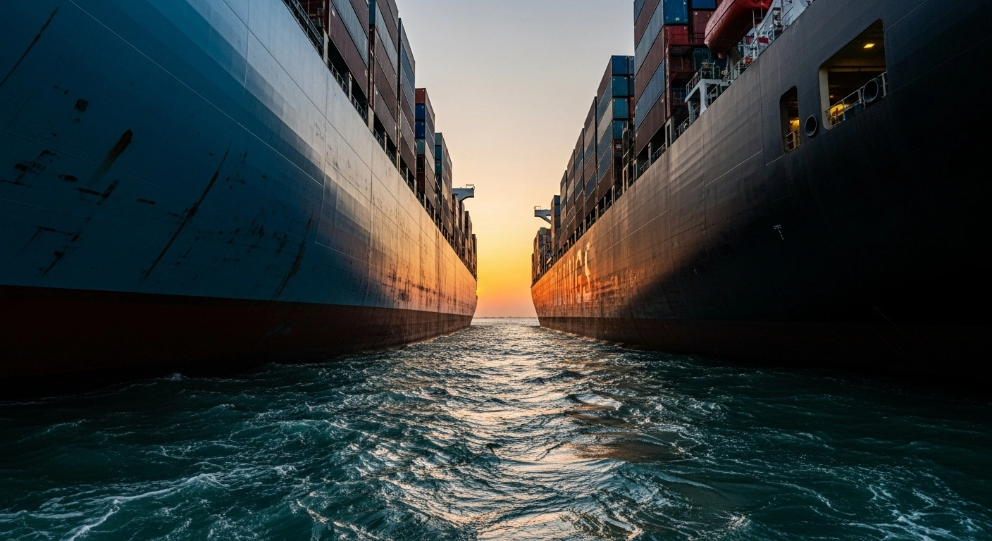 Two large, distinct cargo ships, one representing the United States and the other China, pass closely in a turbulent, narrow strait under dramatic lighting, symbolizing escalating maritime trade tensions and the implementation of new port fees.
