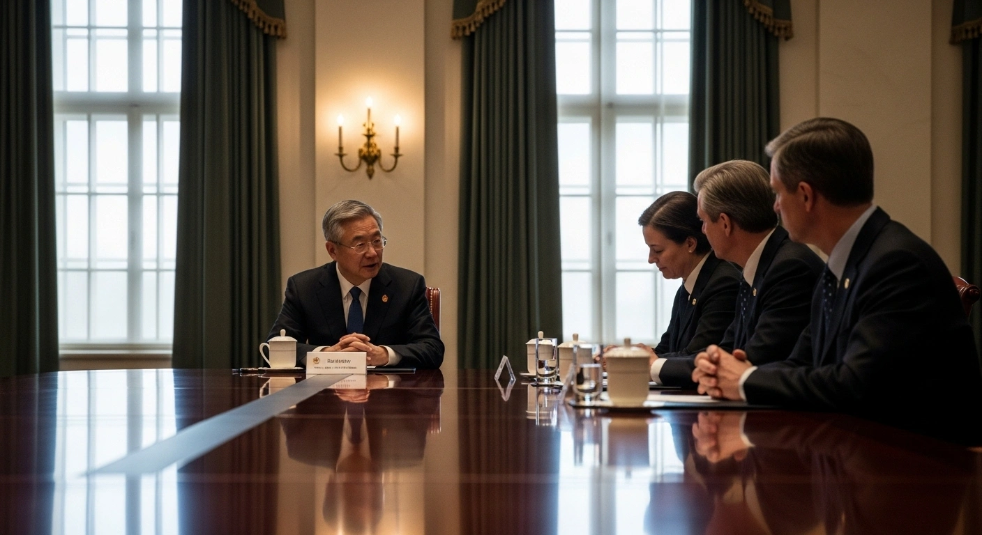 China's Defence Minister Dong Jun meets with a US congressional delegation at a polished table in a grand meeting room in Beijing, discussing improved military relations and cooperation.