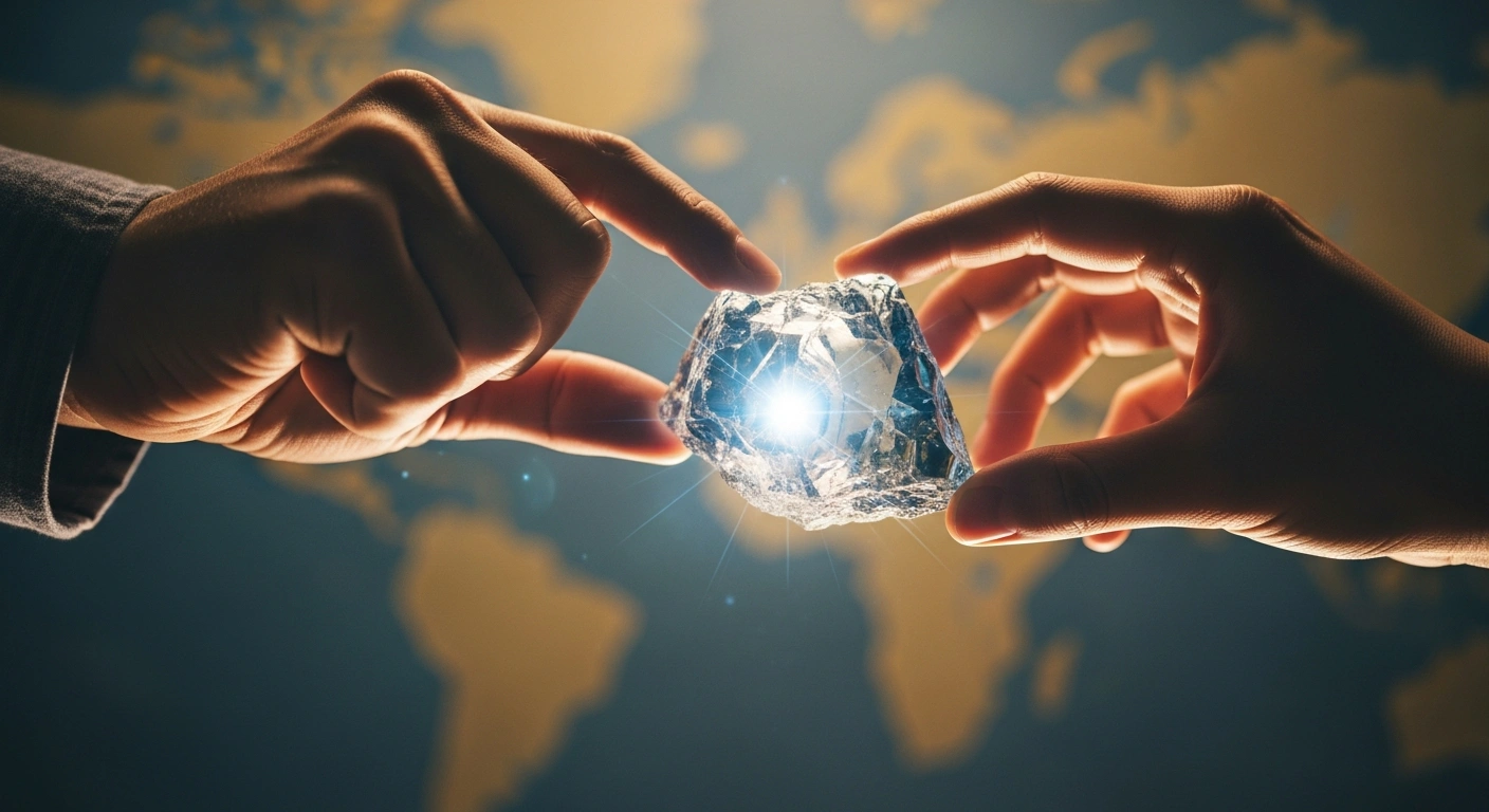 A close-up image shows two hands, one offering a glowing, crystalline mineral, symbolizing critical minerals like gallium, germanium, and antimony, to another hand, representing the temporary lifting of China's export ban to the United States and a de-escalation of trade tensions.