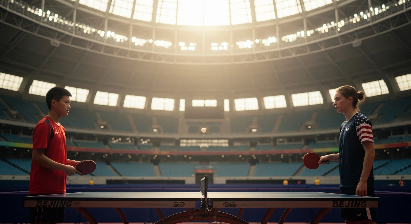 A young Chinese athlete and an American athlete play table tennis together in a Beijing arena to commemorate the anniversary of Ping-Pong Diplomacy and promote youth exchange.