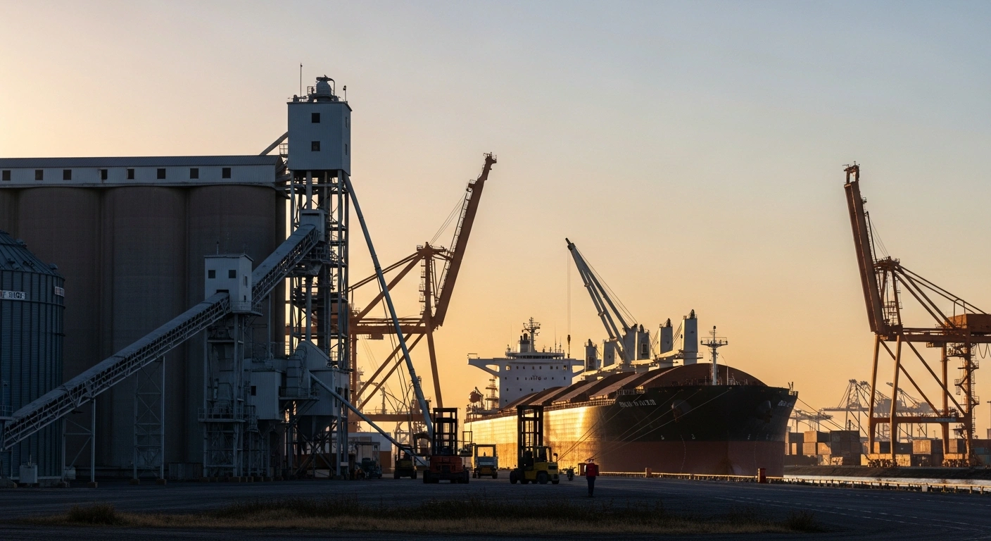 A wide shot at dawn shows massive grain elevators and a colossal cargo ship being loaded at a bustling port, symbolizing the large-scale purchase of US soybeans by China following a trade truce.