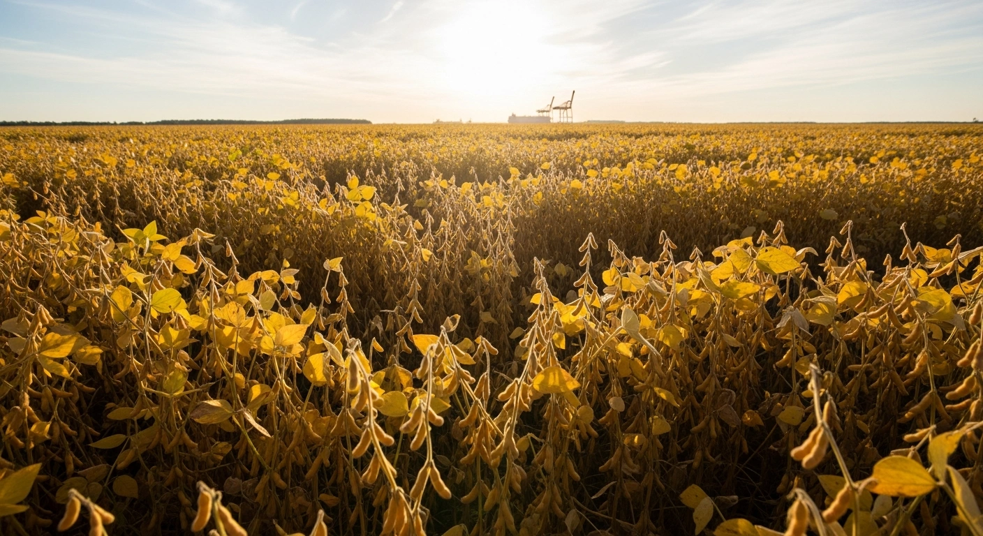 A vast field of golden American soybeans under a warm afternoon sun, symbolizing China's increased purchases and commitment to a trade truce, which boosted soybean futures.