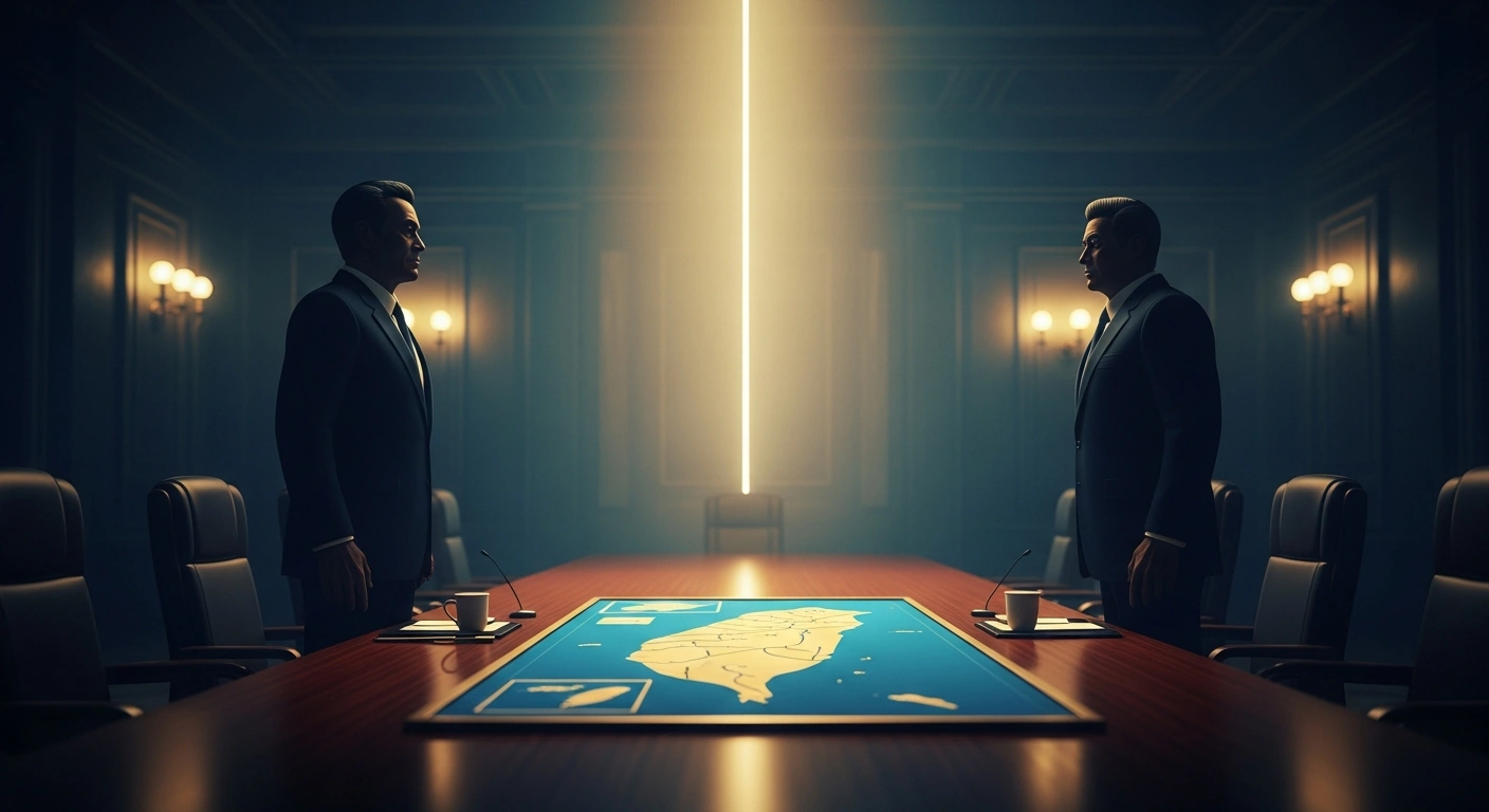 Two world leaders stand at opposite ends of a conference table with a map of the Taiwan Strait between them, representing the diplomatic tension between China and the United States.