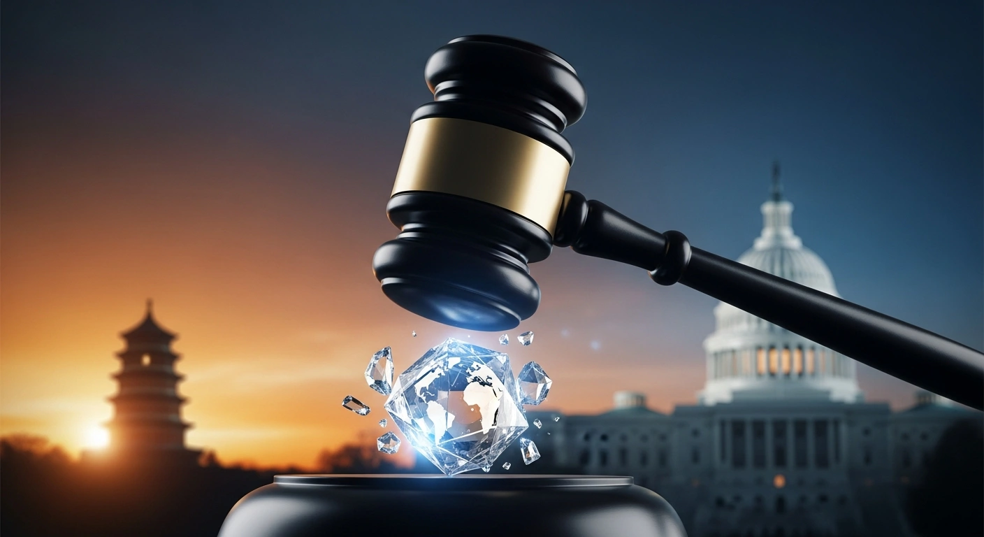 A dramatic visual depicting a large gavel striking a fragile glass structure, symbolizing the US Supreme Court's ruling against tariffs imposed under the International Emergency Economic Powers Act, with the US Capitol and a Chinese pagoda in the background, representing the trade tensions between China and the United States and President Trump's subsequent tariff announcements.